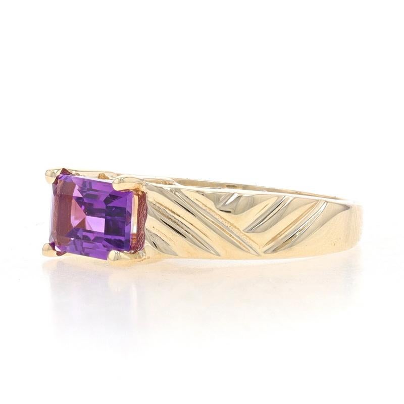 Yellow Gold Amethyst Solitaire Band - 10k Emerald Cut .80ct East-West In Excellent Condition For Sale In Greensboro, NC
