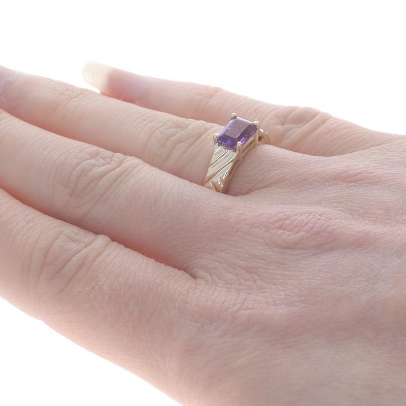 Women's Yellow Gold Amethyst Solitaire Band - 10k Emerald Cut .80ct East-West For Sale
