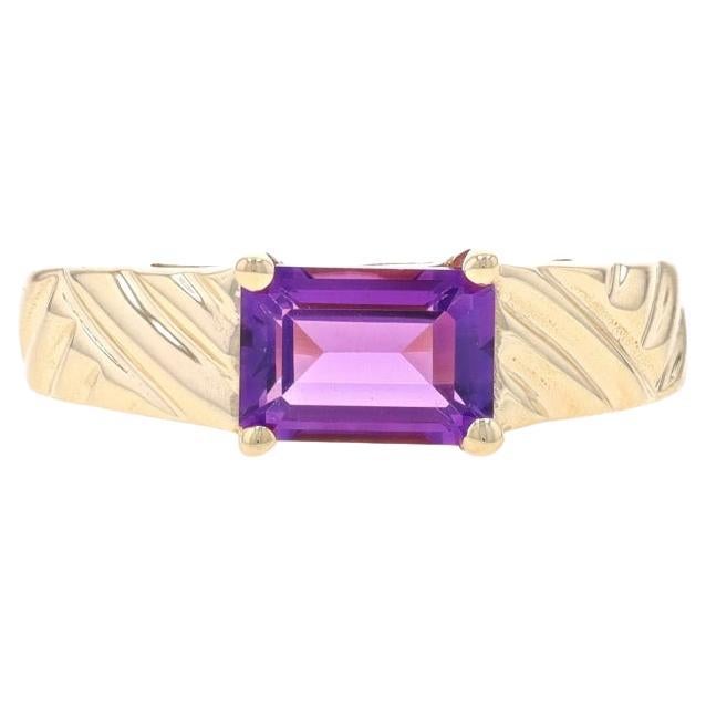 Yellow Gold Amethyst Solitaire Band - 10k Emerald Cut .80ct East-West For Sale