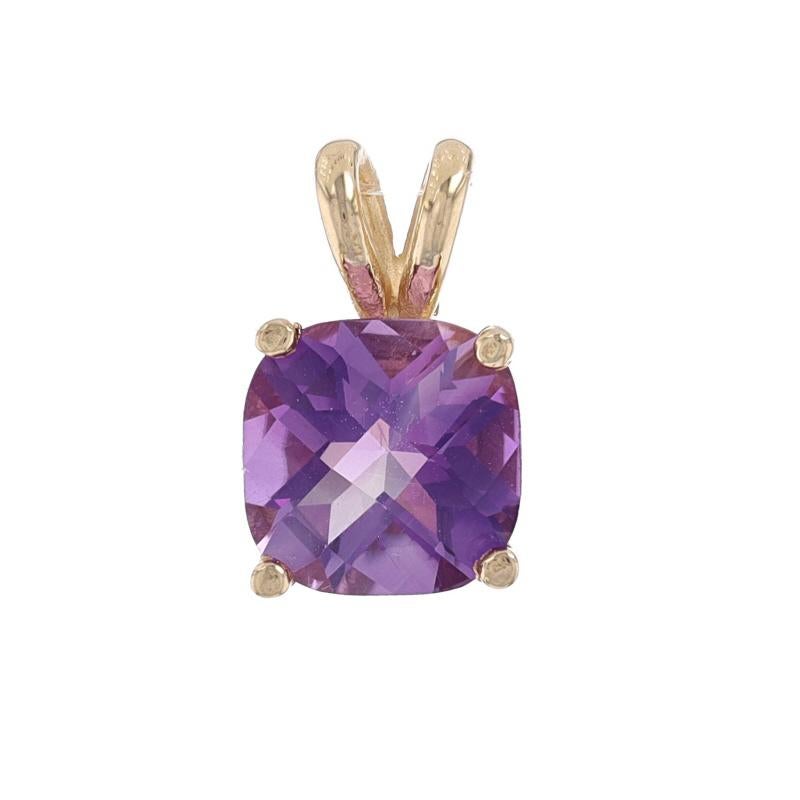 Metal Content: 14k Yellow Gold

Stone Information
Natural Amethyst
Carat(s): 1.55ct
Cut: Cushion Checkerboard
Color: Purple

Total Carats: 1.55ct

Style: Solitaire

Measurements
Tall (from stationary bail): 17/32