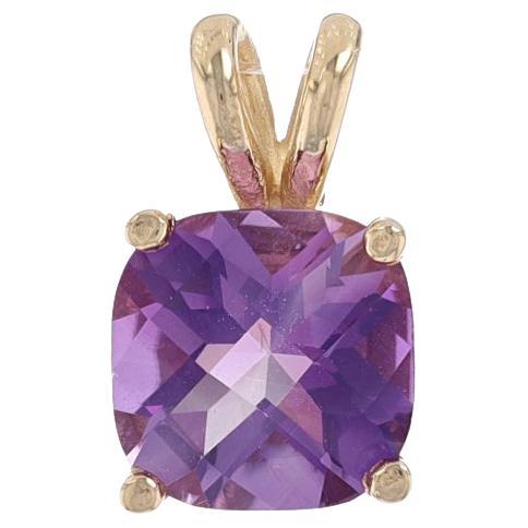 Yellow Gold Amethyst Solitaire Pendant - 14k Cushion Checkerboard 1.55ct For Sale
