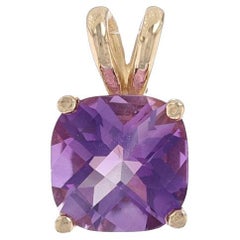 Yellow Gold Amethyst Solitaire Pendant - 14k Cushion Checkerboard 1.55ct