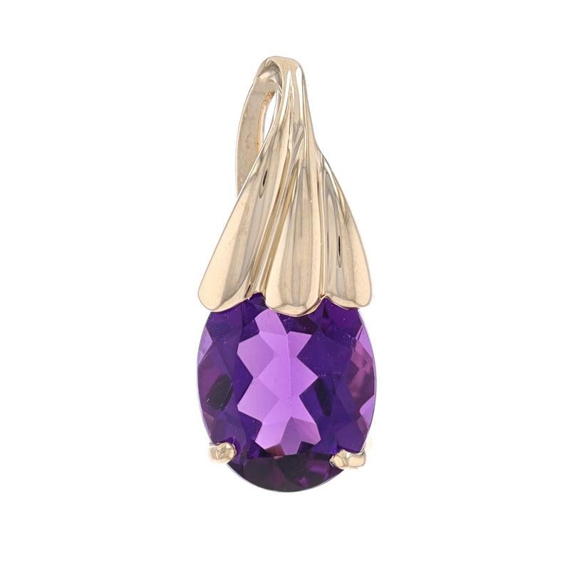 Metal Content: 14k Yellow Gold

Stone Information
Natural Amethyst
Carat(s): 2.40ct
Cut: Oval
Color: Purple

Total Carats: 2.40ct

Style: Solitaire

Measurements
Tall (from stationary bail): 25/32