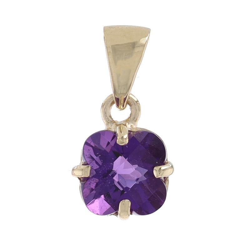 Metal Content: 14k Yellow Gold

Stone Information
Natural Amethyst
Carat(s): .40ct
Cut: Quatrefoil Checkerboard
Color: Purple

Total Carats: .40ct

Style: Solitaire
Theme: Flower

Measurements
Tall (from stationary bail): 5/16