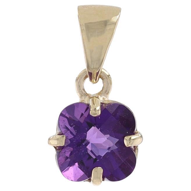 Yellow Gold Amethyst Solitaire Pendant 14k Quatrefoil Checkerboard .40ct Flower For Sale