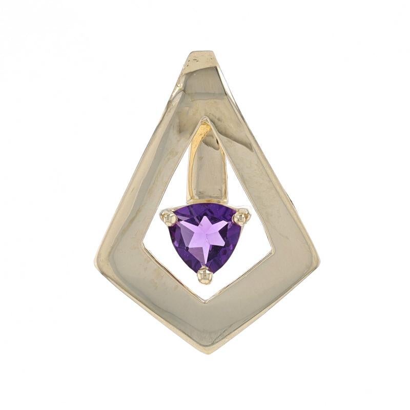 Metal Content: 14k Yellow Gold

Stone Information
Natural Amethyst
Carat(s): .25ct
Cut: Trillion
Color: Purple

Total Carats: .25ct

Style: Solitaire

Measurements
Tall (from stationary bail): 27/32