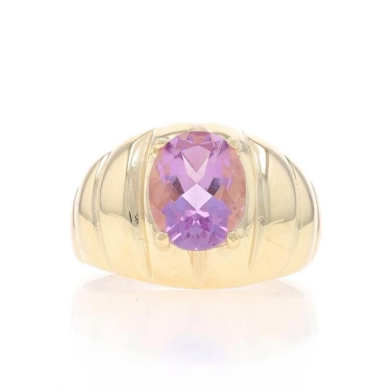 Size: 6
Sizing Fee: Up 3 sizes for $30 or Down 2 sizes for $20

Note: If going up in size, the ring's shank will become very oval in shape.

Metal Content: 10k Yellow Gold

Stone Information

Natural Amethyst
Carat(s): 1.43ct
Cut: Oval
Color: