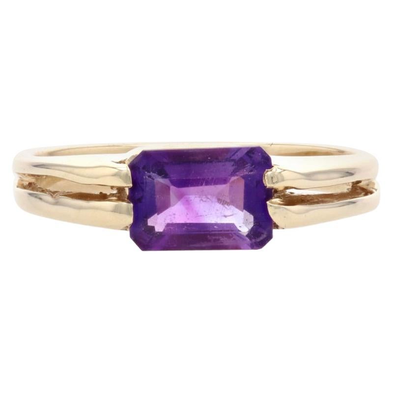 Yellow Gold Amethyst Solitaire Ring, 14k Emerald Cut 1.00ct East-West