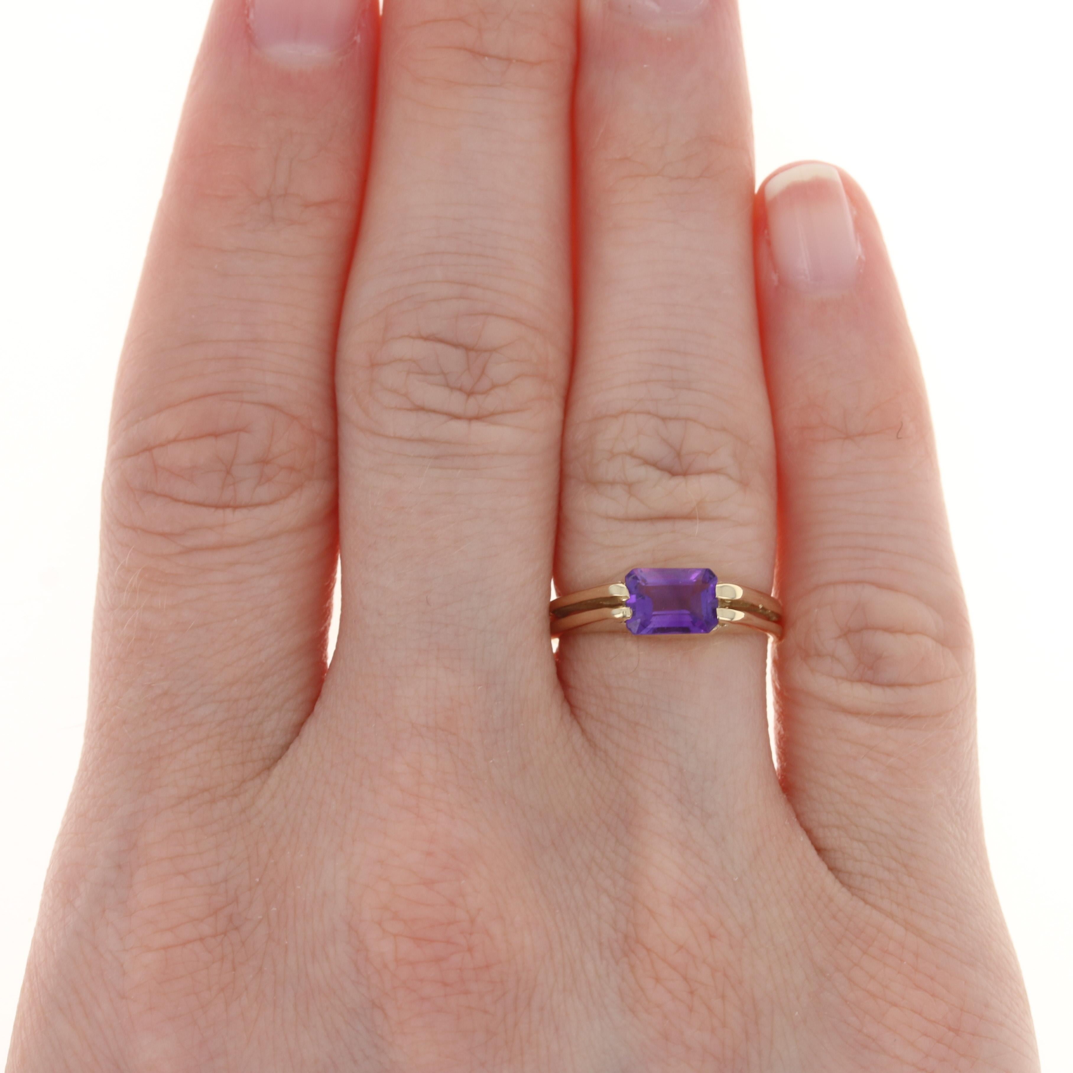 Yellow Gold Amethyst Solitaire Ring, 14k Emerald Cut 1.00ct East-West 2