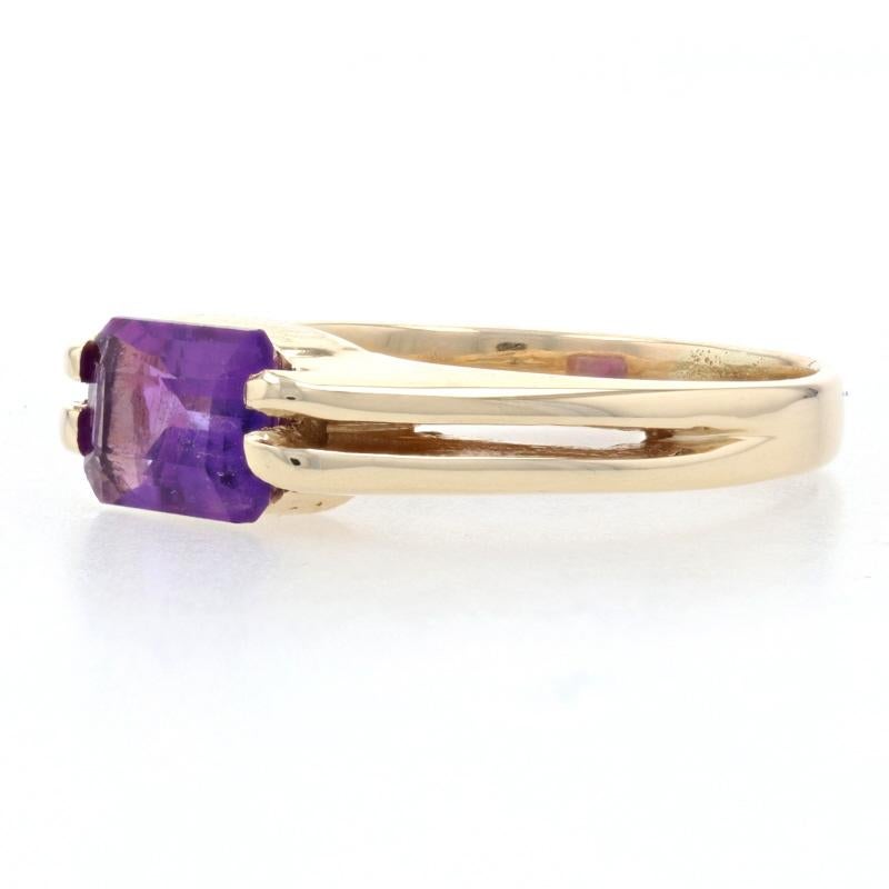 Yellow Gold Amethyst Solitaire Ring, 14k Emerald Cut 1.00ct East-West 3