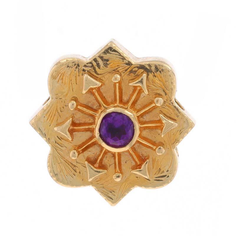 Metal Content: 14k Yellow Gold

Stone Information

Natural Amethyst
Carat(s): .15ct
Cut: Round
Color: Purple

Total Carats: .15ct

Style: Solitaire Slide Charm
Theme: Arrows

Measurements

Tall: 21/32