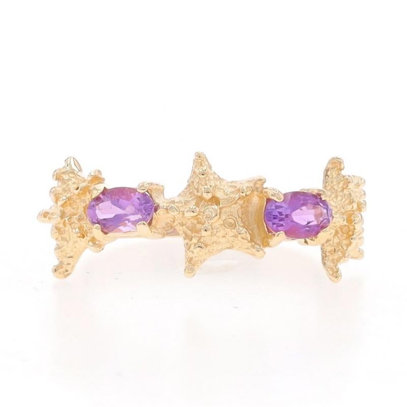 Size: 7 1/2
Sizing Fee: Up 2 sizes for $30 or Down 1 size for $30

Metal Content: 14k Yellow Gold

Stone Information

Natural Amethysts
Carat(s): .46ctw
Cut: Oval
Color: Purple

Total Carats: .46ctw

Style: Two-Stone Band
Theme: Starfish Trio, Ocean