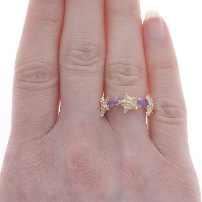Oval Cut Yellow Gold Amethyst Starfish Trio Two-Stone Band 14k Oval .46ctw Sea Beach Ring For Sale