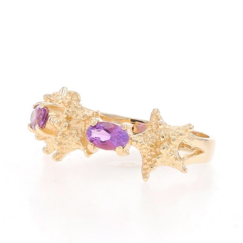 Yellow Gold Amethyst Starfish Trio Two-Stone Band 14k Oval .46ctw Sea Beach Ring In Excellent Condition For Sale In Greensboro, NC
