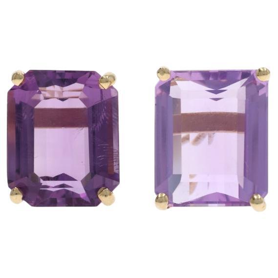 Yellow Gold Amethyst Stud Earrings - 14k Emerald Cut 11.20ctw Pierced
