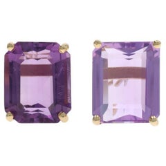 Yellow Gold Amethyst Stud Earrings - 14k Emerald Cut 11.20ctw Pierced
