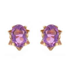Yellow Gold Amethyst Stud Earrings - 14k Oval 1.70ctw Pierced