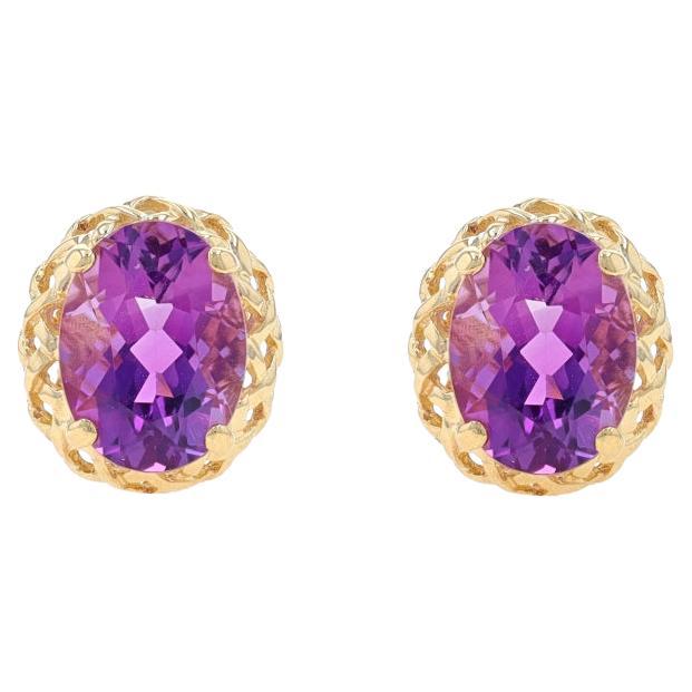 Yellow Gold Amethyst Stud Earrings - 14k Oval 2.50ctw Pierced For Sale