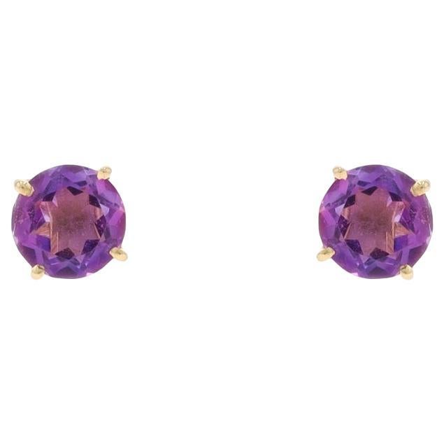 Yellow Gold Amethyst Stud Earrings - 14k Round 1.40ctw Pierced
