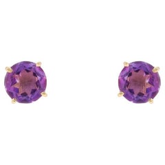 Yellow Gold Amethyst Stud Earrings - 14k Round 1.40ctw Pierced