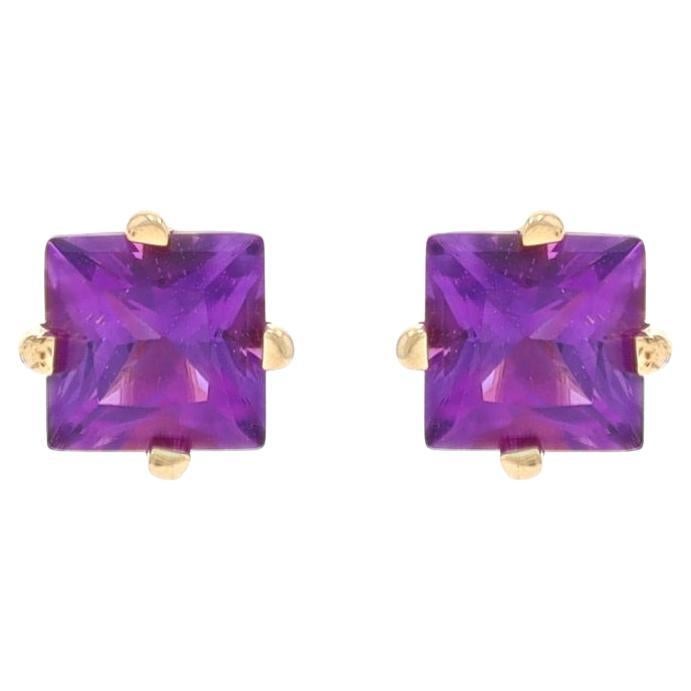 Yellow Gold Amethyst Stud Earrings - 14k Square .52ctw Pierced