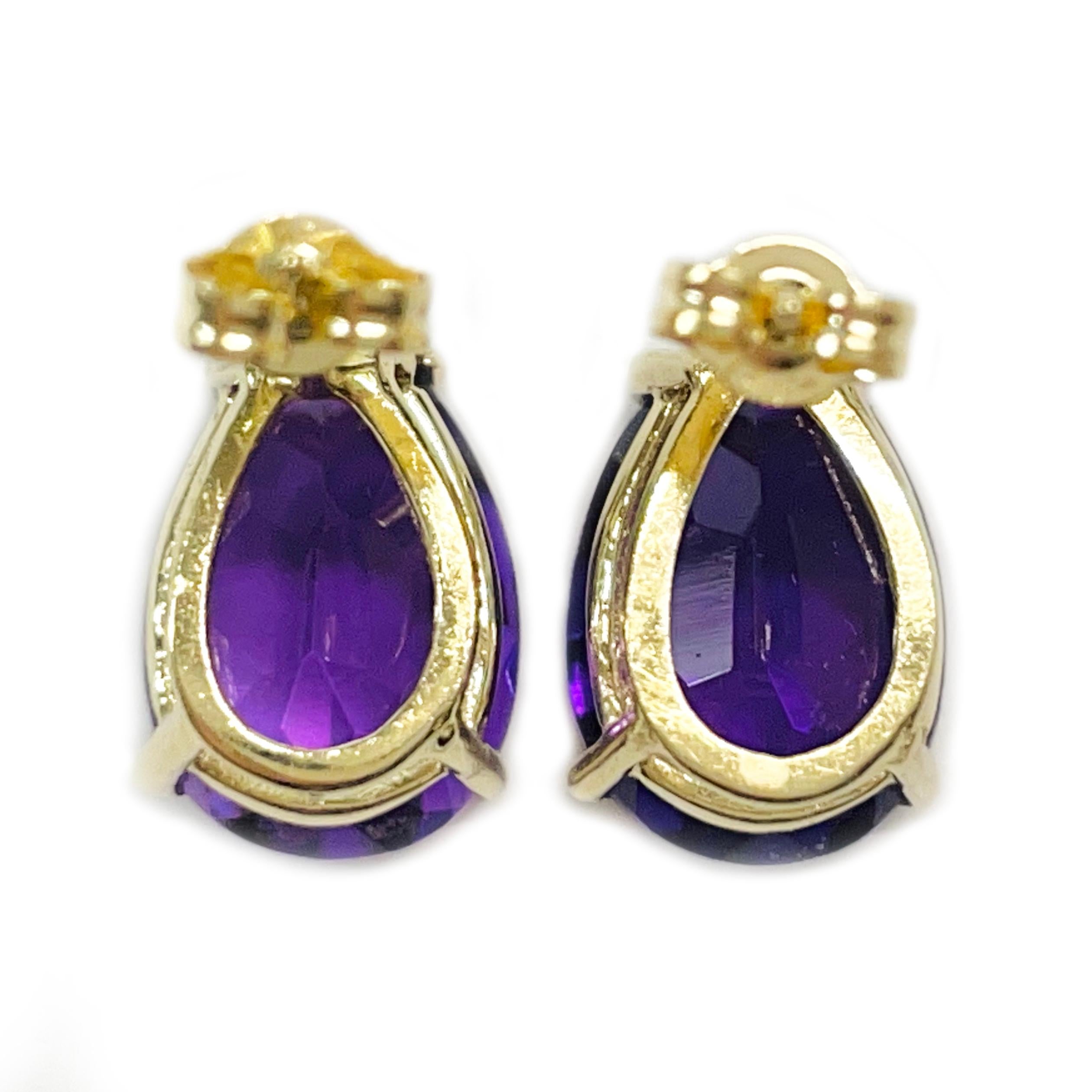 Trillion Cut Yellow Gold Amethyst Stud Pear-Shaped Earrings For Sale