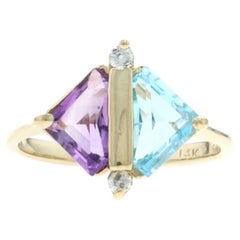 Yellow Gold Amethyst Swiss Blue Topaz Diamond Ring 14k Triangle .75ctw Two-Stone