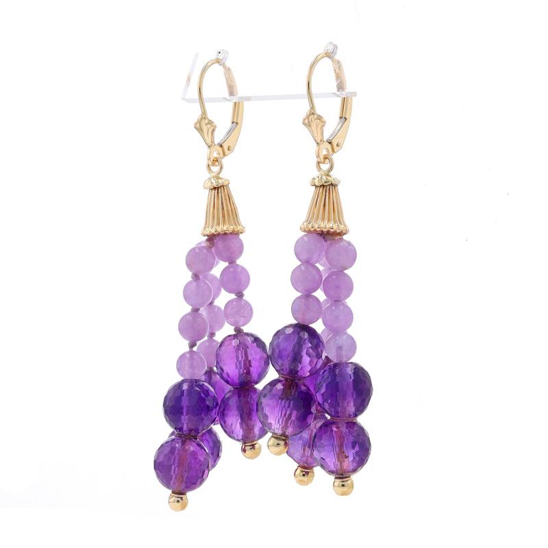 Yellow Gold Amethyst Tassel Dangle Earrings - 14k Beads Pierced In Excellent Condition For Sale In Greensboro, NC