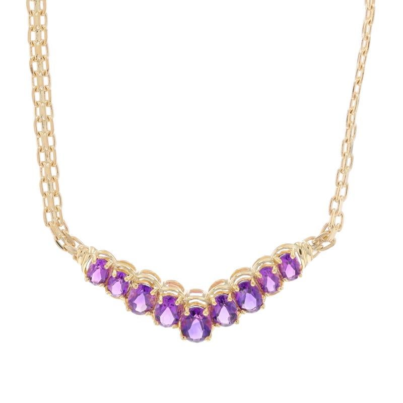 Metal Content: 14k Yellow Gold

Stone Information

Natural Amethysts
Carat(s): 6.45ctw
Cut: Oval
Color: Purple

Total Carats: 6.45ctw

Style: V Bar
Chain Style: Bismark
Necklace Style: Chain
Fastening Type: Lobster Claw Clasp

Measurements

Item 1: