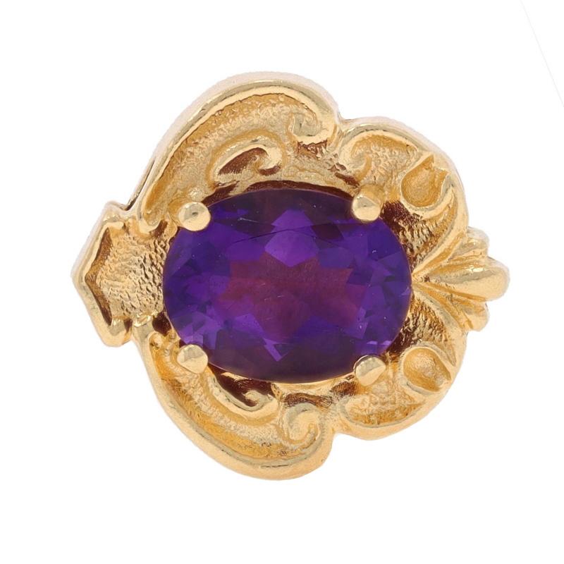 Era: Vintage

Metal Content: 14k Yellow Gold

Stone Information

Natural Amethyst
Carat(s): 1.75ct
Cut: Oval
Color: Purple

Total Carats: 1.75ct

Style: Solitaire Slide Charm

Measurements

Tall: 19/32