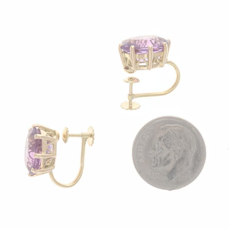 Yellow Gold Amethyst Vintage Stud Earrings 14k Oval 5.78ctw Non-Pierce Screw-Ons In Excellent Condition For Sale In Greensboro, NC