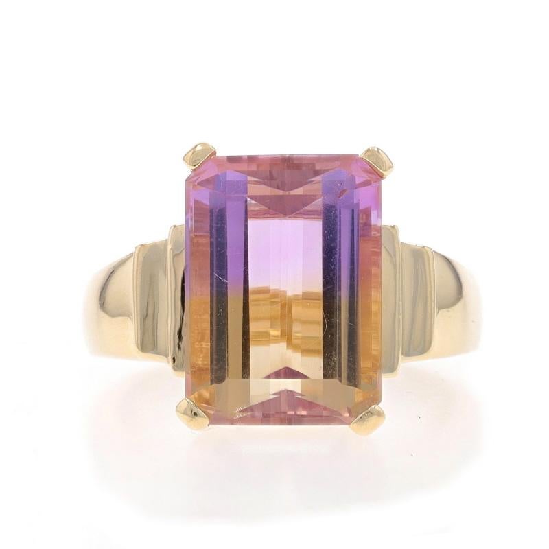 Size: 8
Sizing Fee: Up 1 size for $35 or Down 1 size for $25

Metal Content: 14k Yellow Gold

Stone Information

Natural Ametrine
Carat(s): 6.70ct
Cut: Emerald
Color: Purple & Yellow

Total Carats: 6.70ct

Style: Cocktail