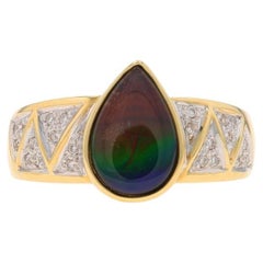 Yellow Gold Ammolite Diamond Ring - 18k Pear .20ctw Triplet