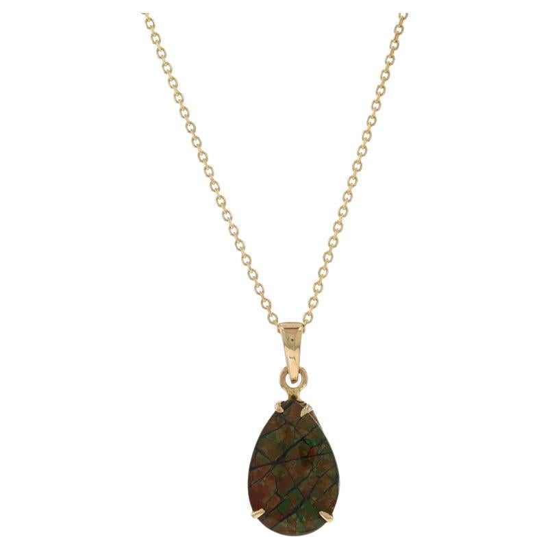 Yellow Gold Ammolite Solitaire Necklace - 14k Pear Doublet Teardrop Adjustable