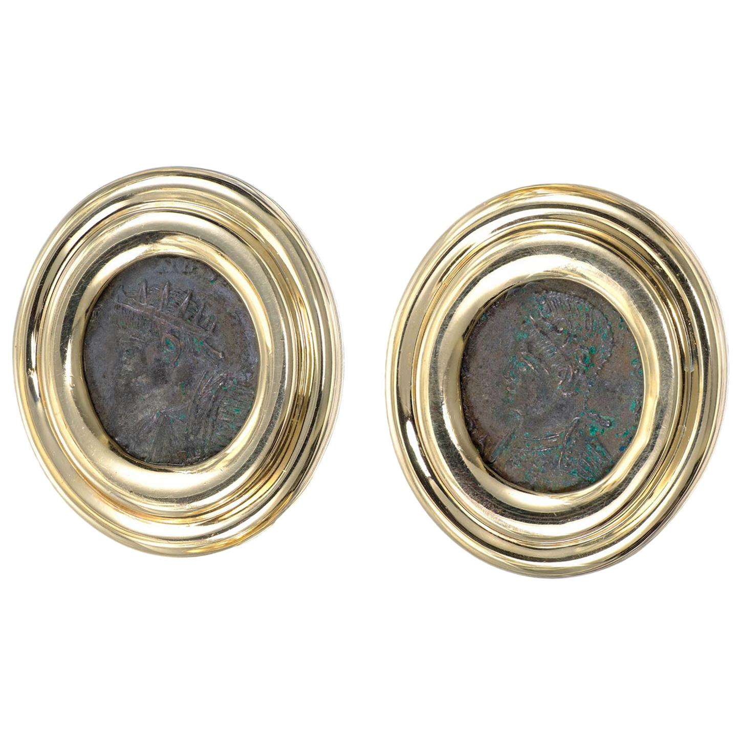 Yellow Gold Ancient Coin Clip Post Earrings For Sale