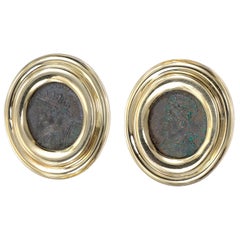 Retro Yellow Gold Ancient Coin Clip Post Earrings