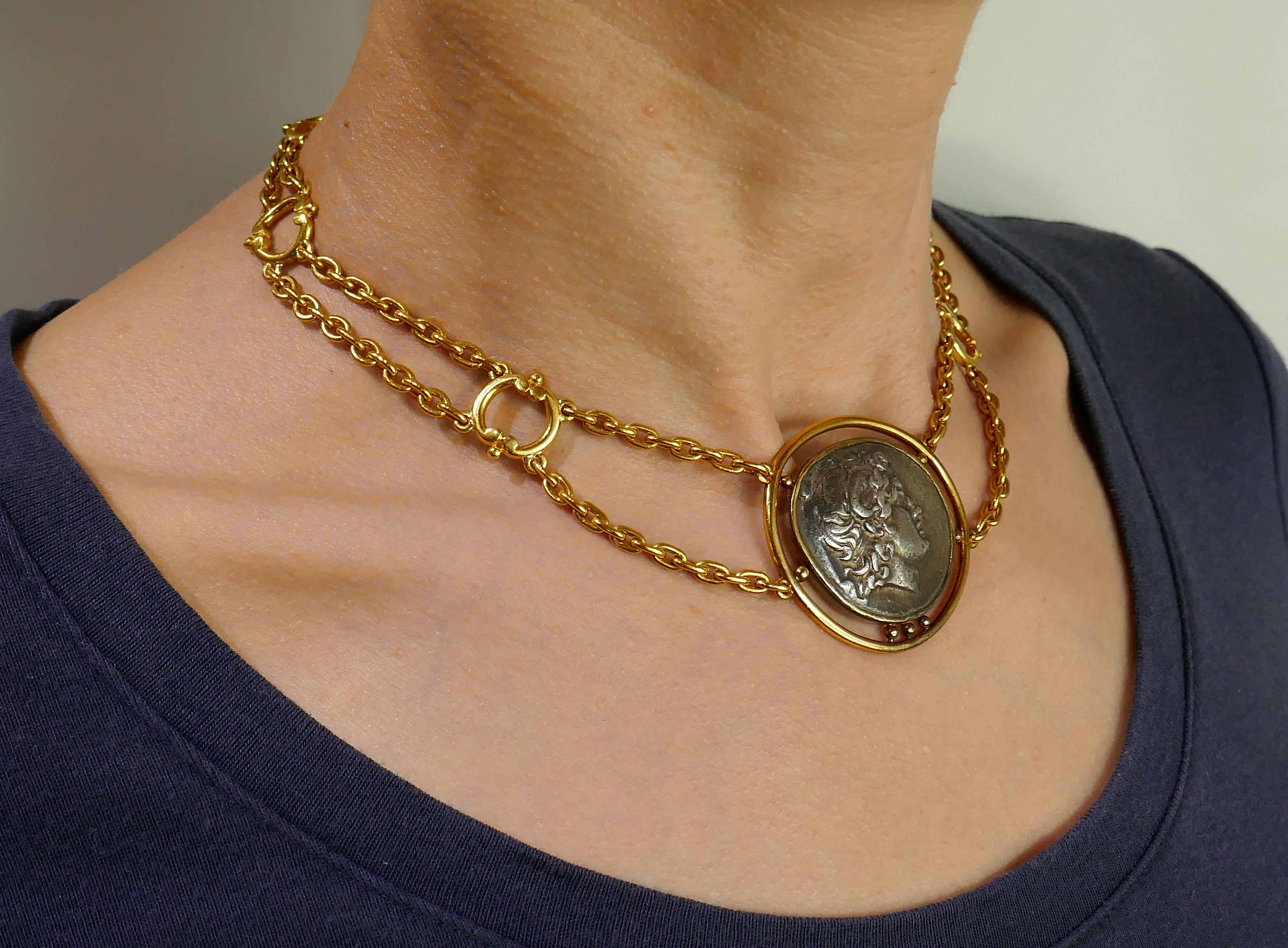 Women's or Men's Yellow Gold Ancient Greek Coin Necklace, Helen Woodhull 1979