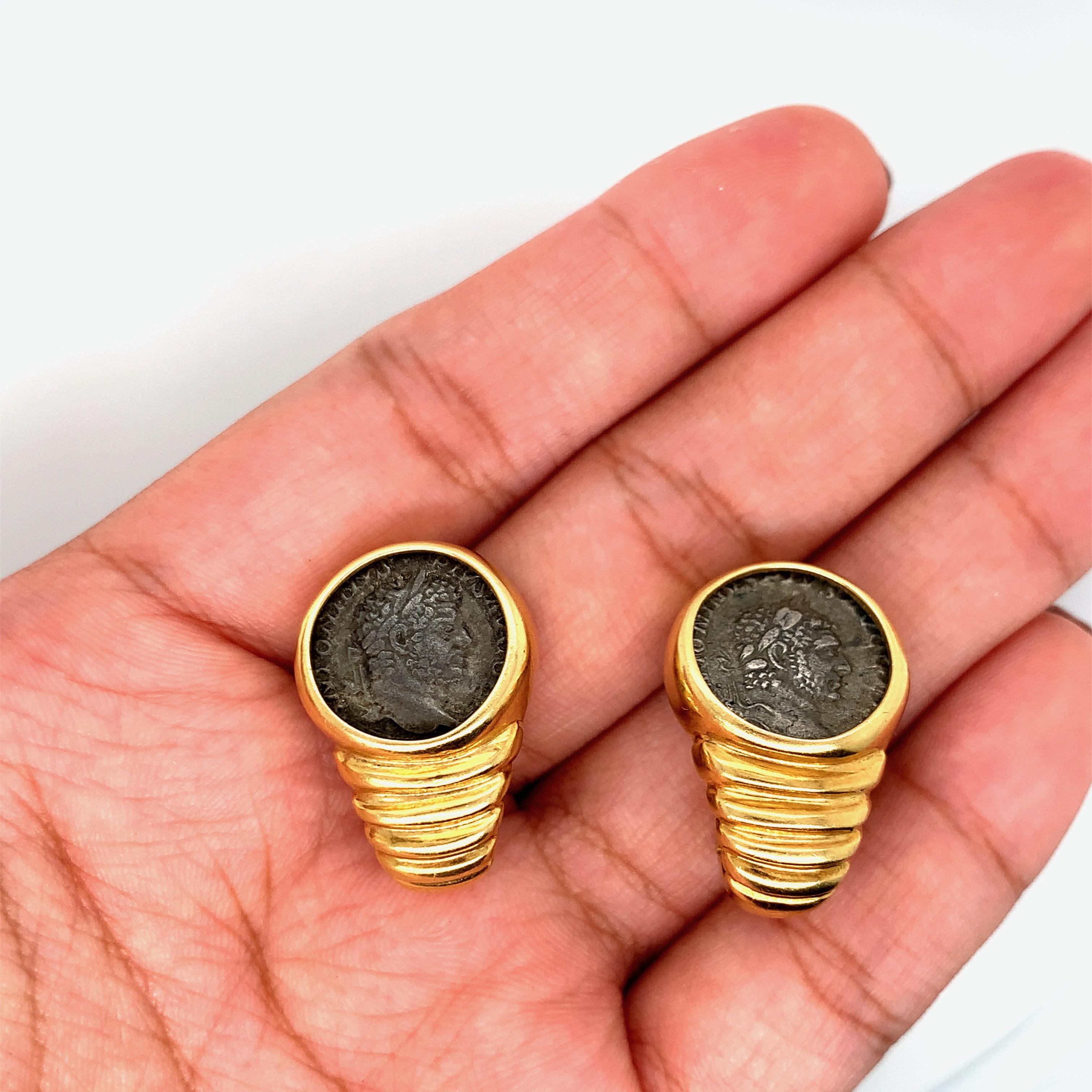 Classical Roman Yellow Gold Ancient Roman Coin Ear Clips For Sale