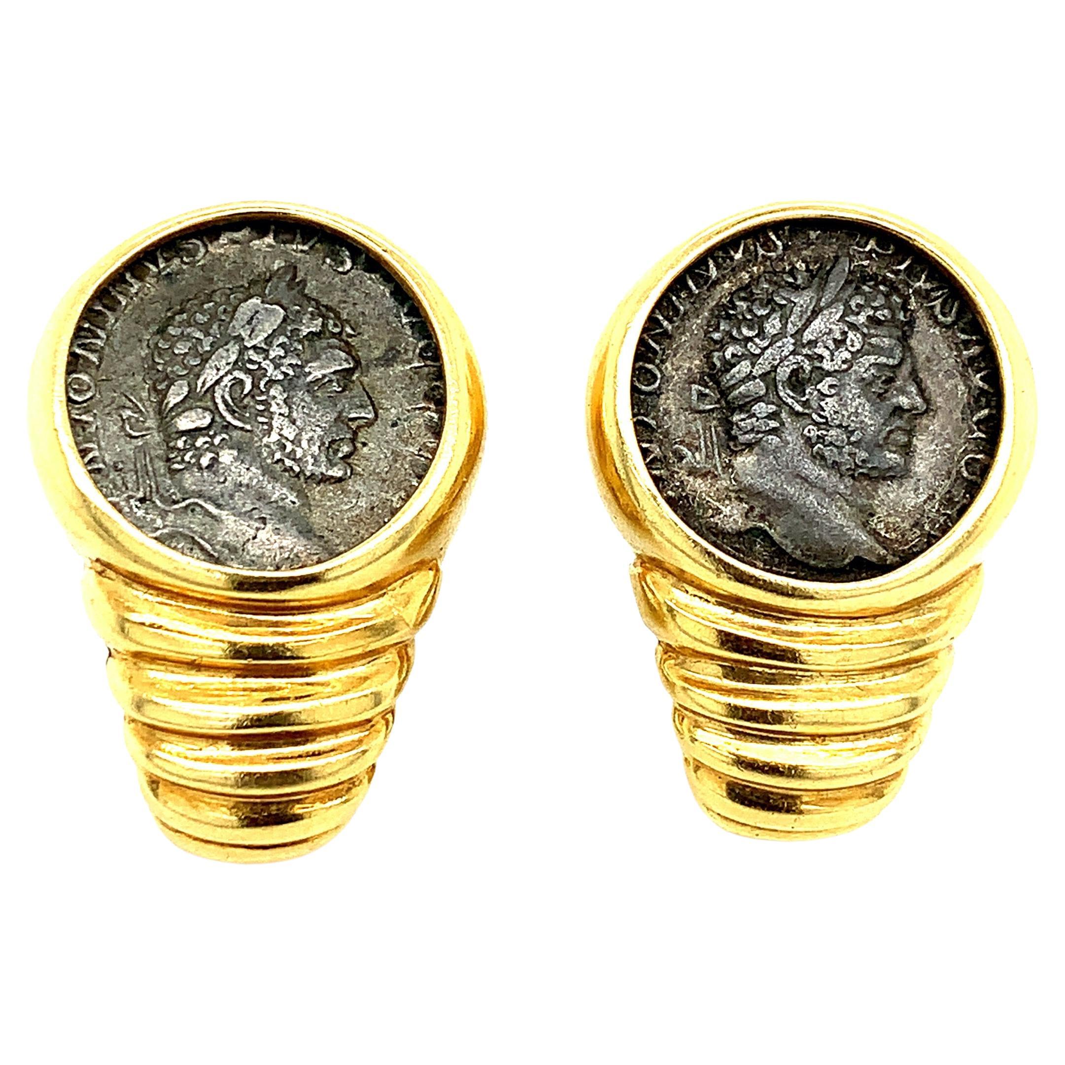 Yellow Gold Ancient Roman Coin Ear Clips For Sale
