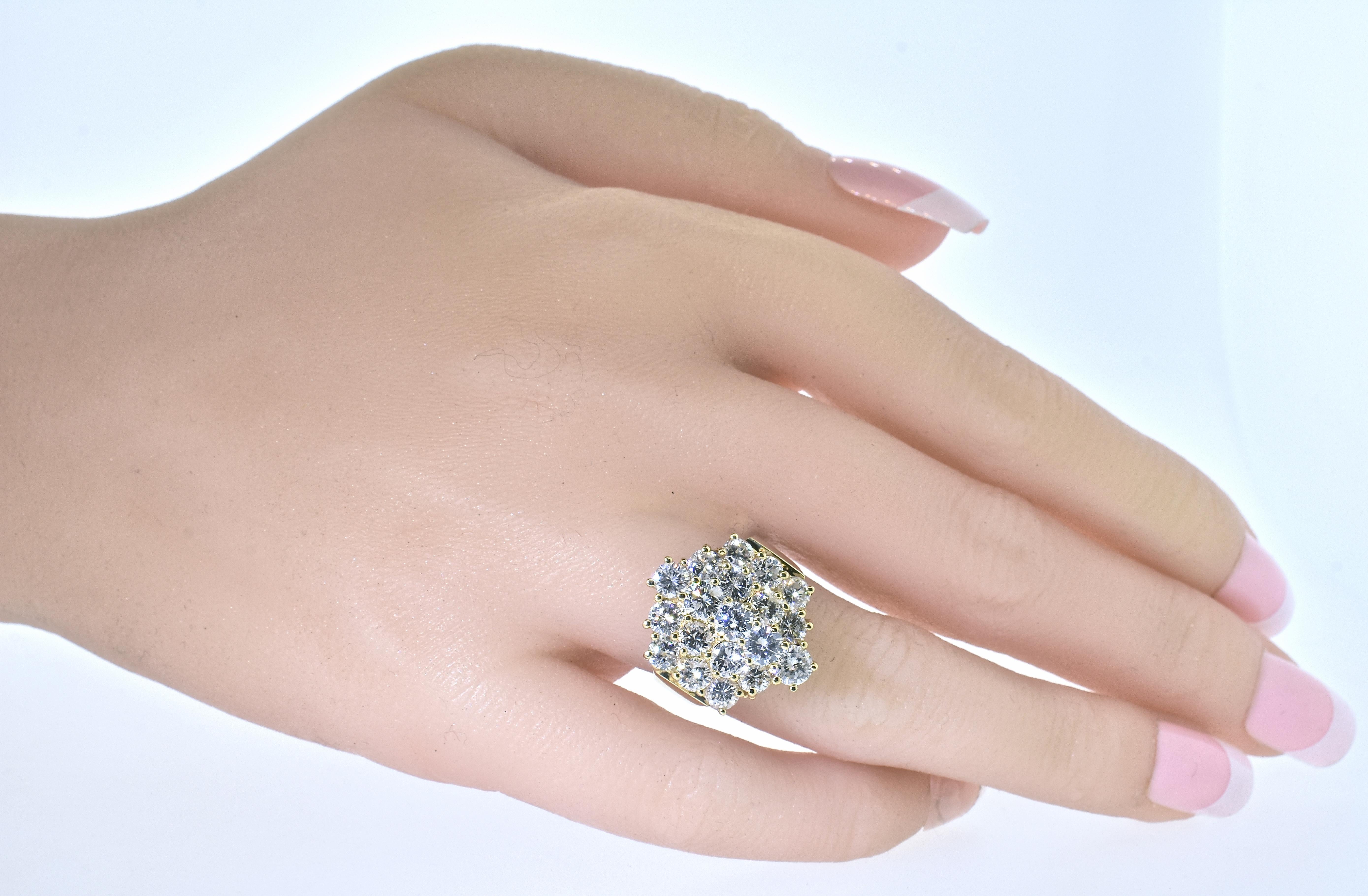 Diamonds of fine quality are set together to create a stunning statement for the hand.  19 round brilliant cut diamonds are prong set.  The estimated diamond weight of these well matched and well cut stones is 3 cts.  These diamonds are all near