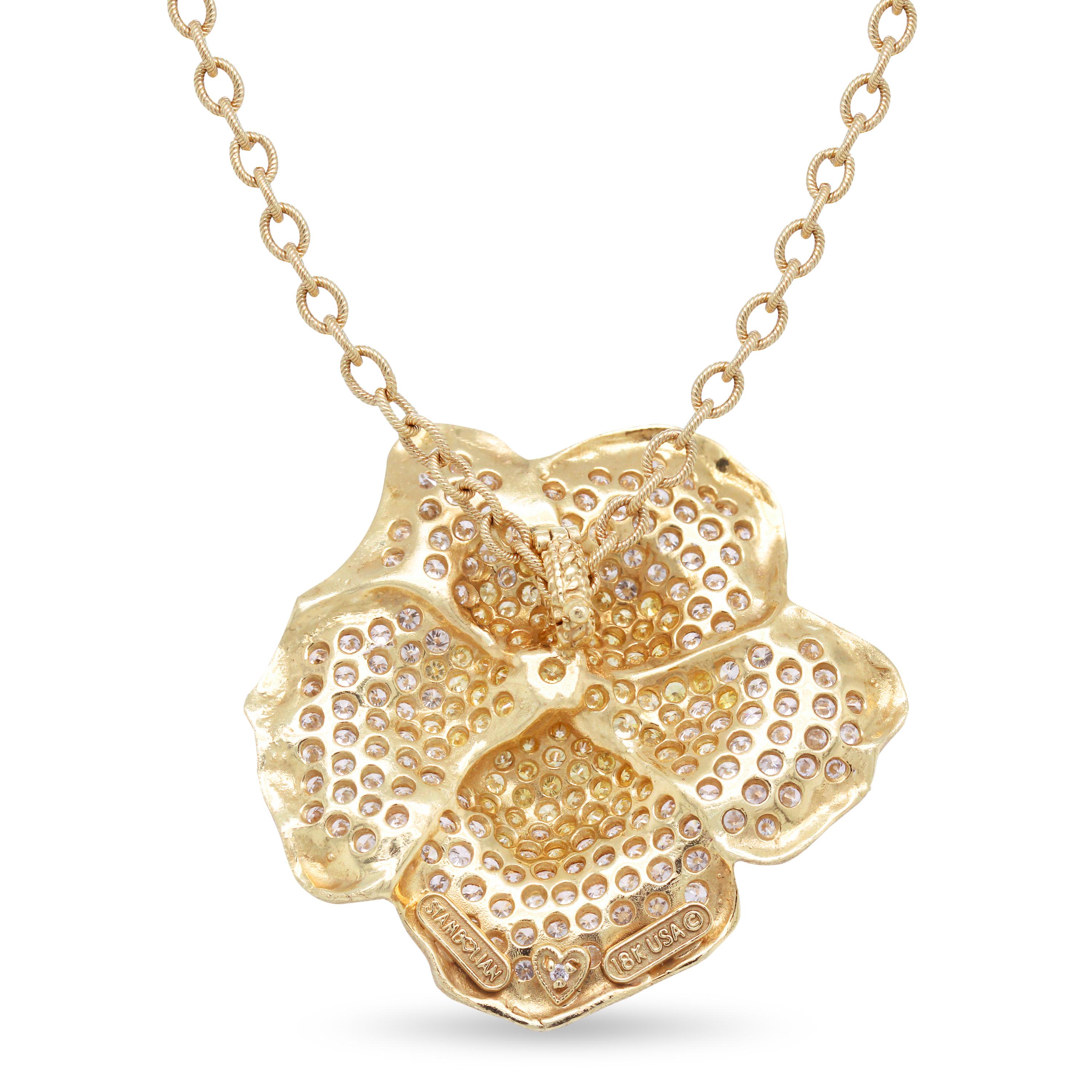 Round Cut Stambolian Fancy Yellow White Diamond 18K Yellow Gold Flower Pendant Necklace