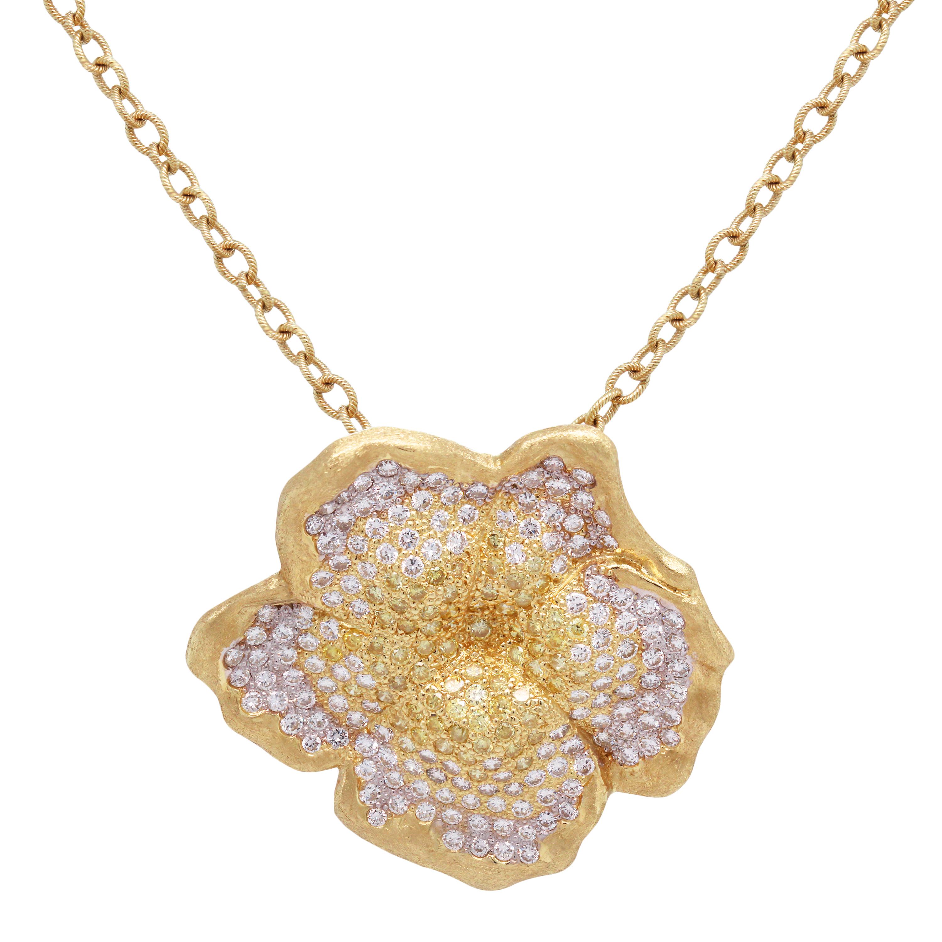 Stambolian Fancy Yellow White Diamond 18K Yellow Gold Flower Pendant Necklace In Excellent Condition In Boca Raton, FL