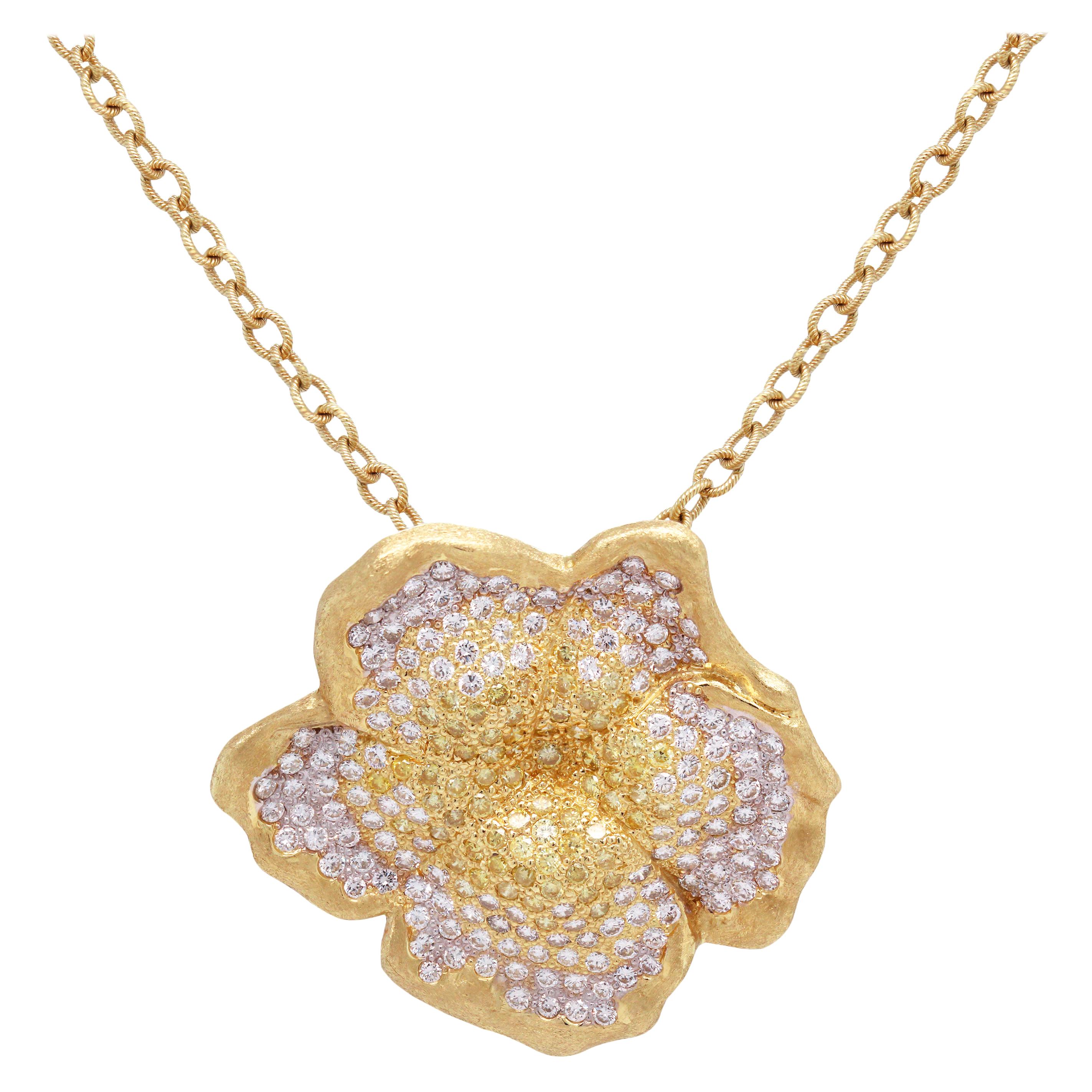 Stambolian Fancy Yellow White Diamond 18K Yellow Gold Flower Pendant Necklace