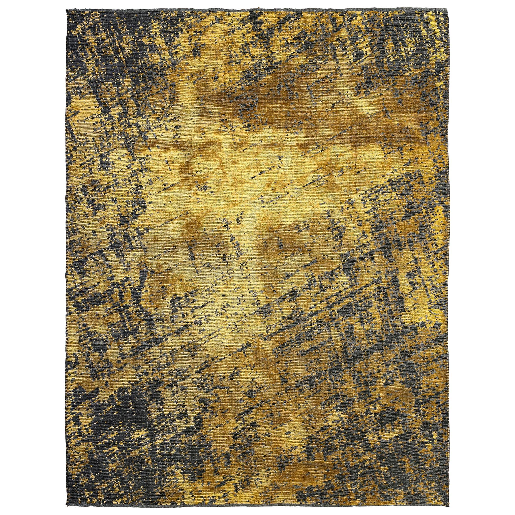 Moderner, weicher Teppich mit abstraktem Fadenmuster in Gelbgold und Anthrazitgrau