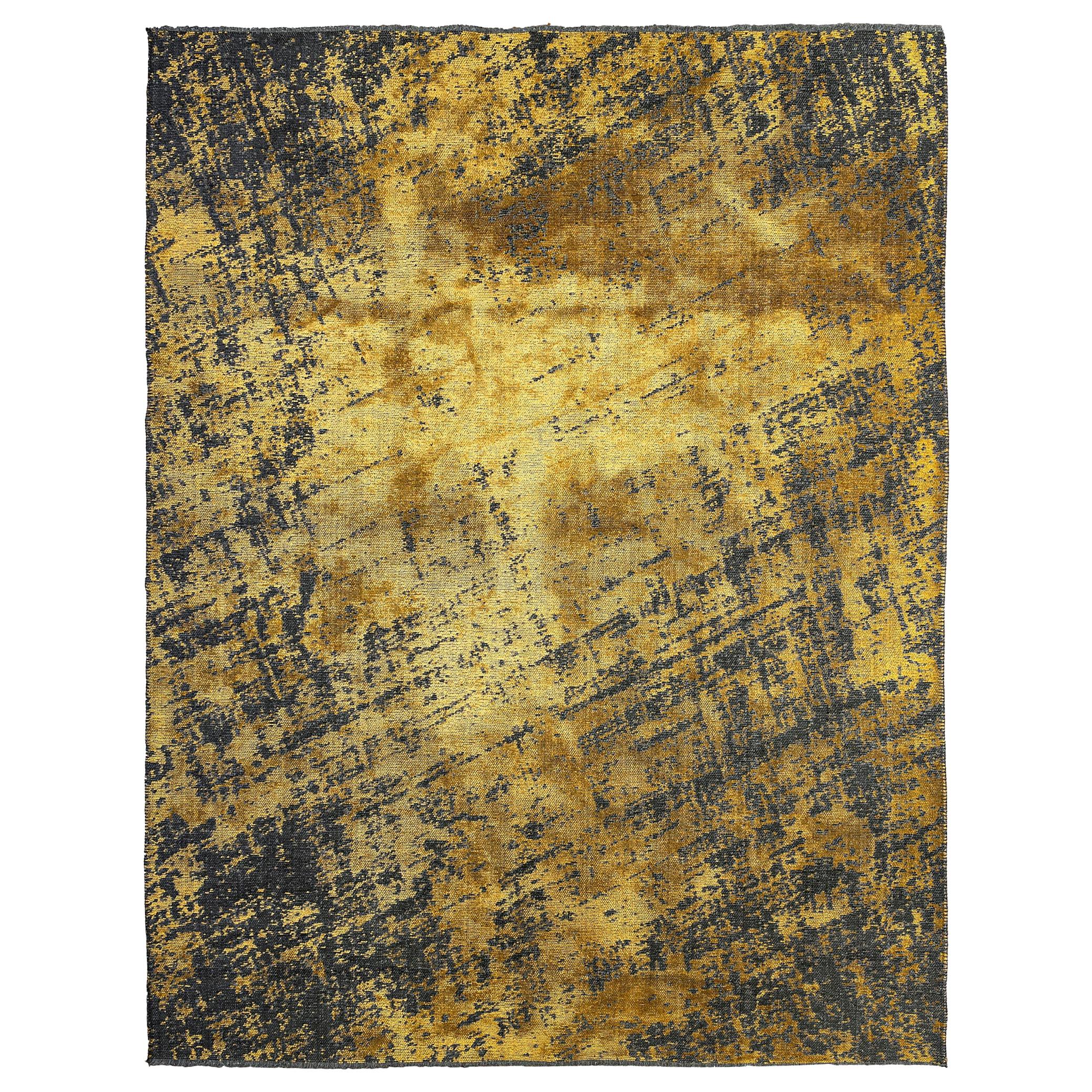 Moderner, weicher Teppich mit abstraktem Fadenmuster in Gelbgold und Anthrazitgrau im Angebot