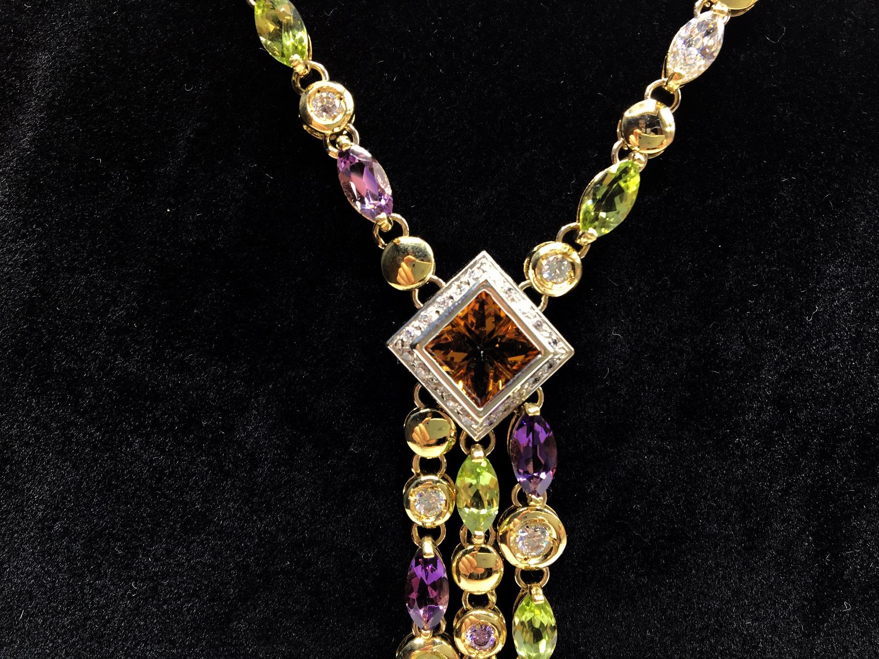 Beautiful pendent necklace with 18K yellow gold chain. This necklace is an explosion of colors with the many colored zircons and semi-precious stones that compose it. High Italian gold craftsmanship. Perfect for a young woman to wear on a summer