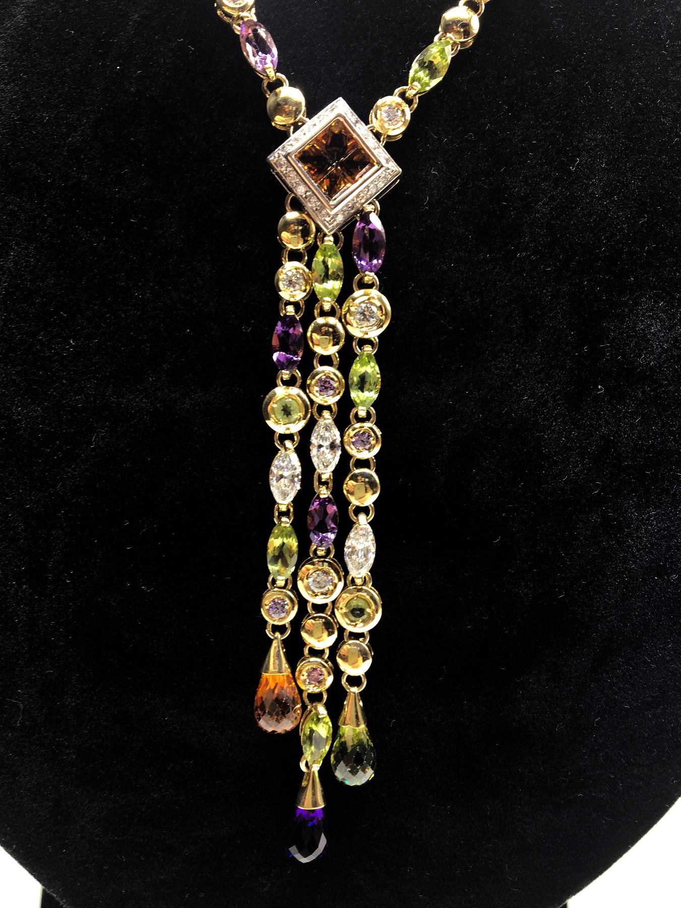 Yellow Gold and Colored Zircons Pendent Necklace In Excellent Condition For Sale In Bosco Marengo, IT