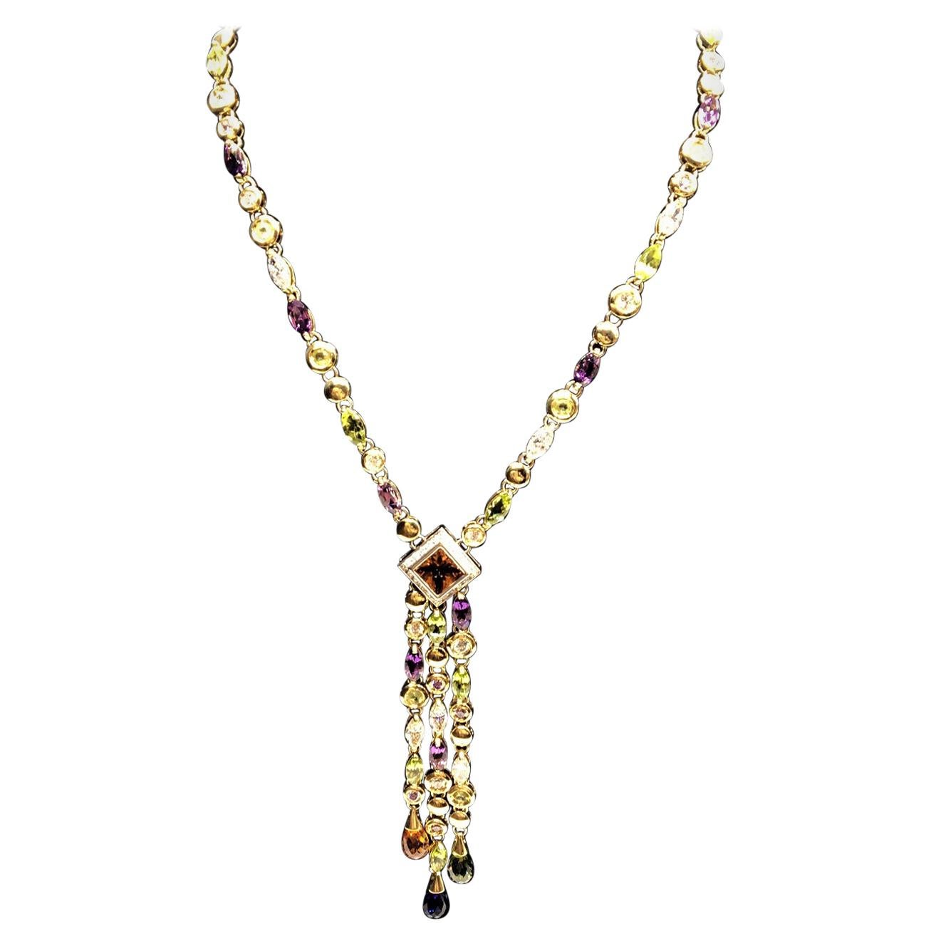 Yellow Gold and Colored Zircons Pendent Necklace For Sale