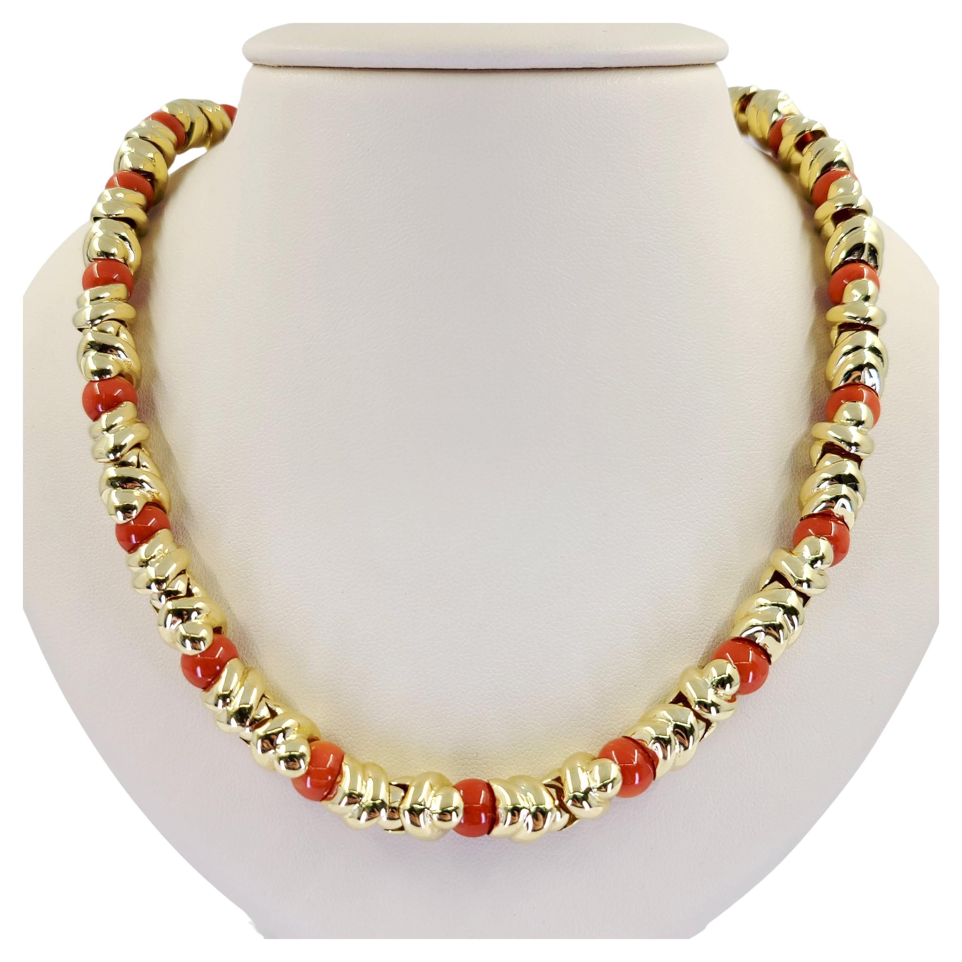 Yellow Gold and Coral Bead Necklace For Sale