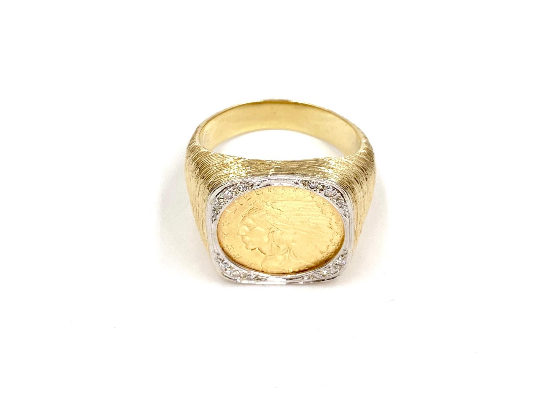 A substantially sized textured 14 karat gold ring featuring yellow gold coin referred to as “Indian Head” featuring an Indian chieftain wearing a traditional feather headdress. Circling the head is the text ‘Liberty’ and ‘1913,’ in addition to 13